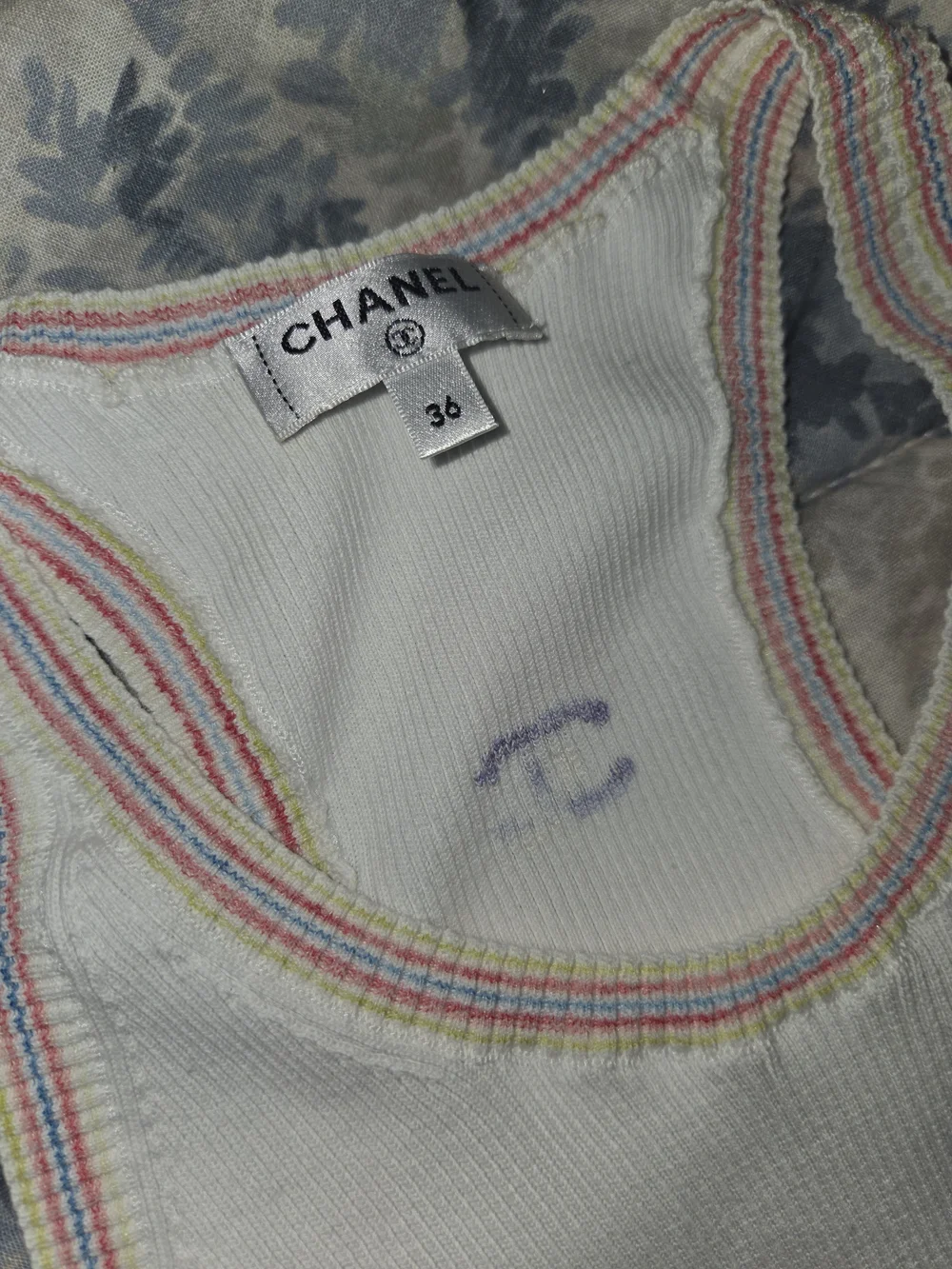 Chanel White Ribbed Logo Tank Top — Multicolor Motif